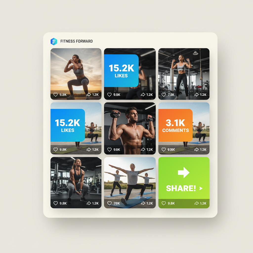 Fitness brand social media content grid showing workout photography and engagement metrics