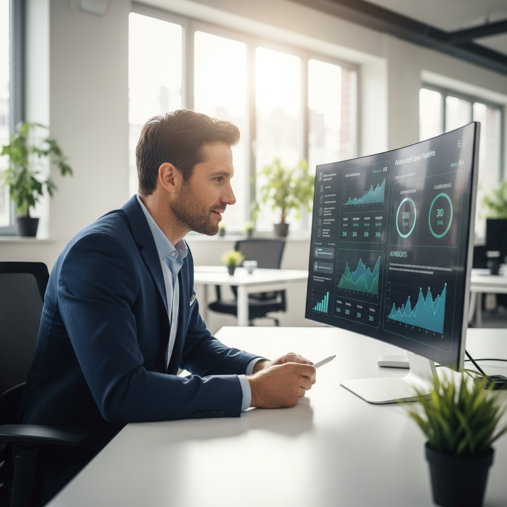 Real estate agent using AI-powered CRM dashboard showing automated lead pipeline and conversion metrics