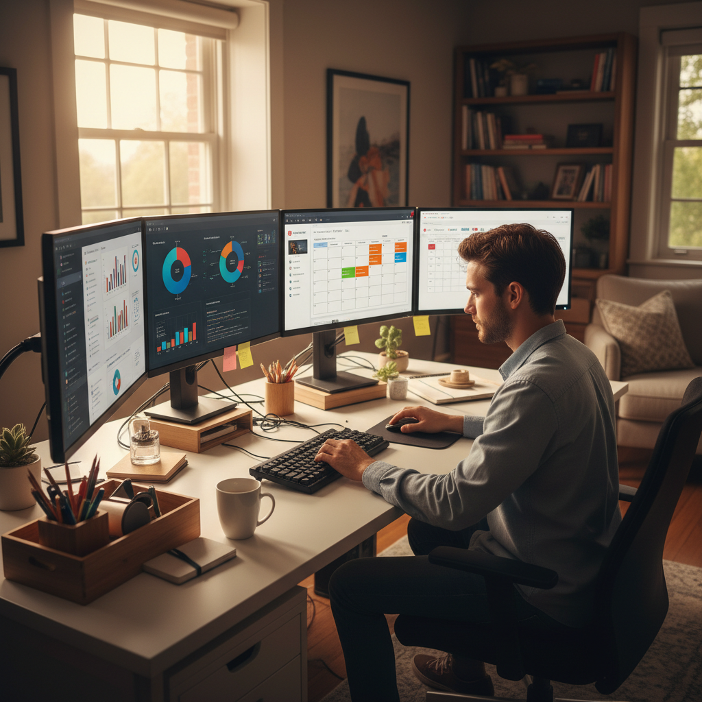 Social media manager reviewing content calendar and analytics dashboard on dual monitors