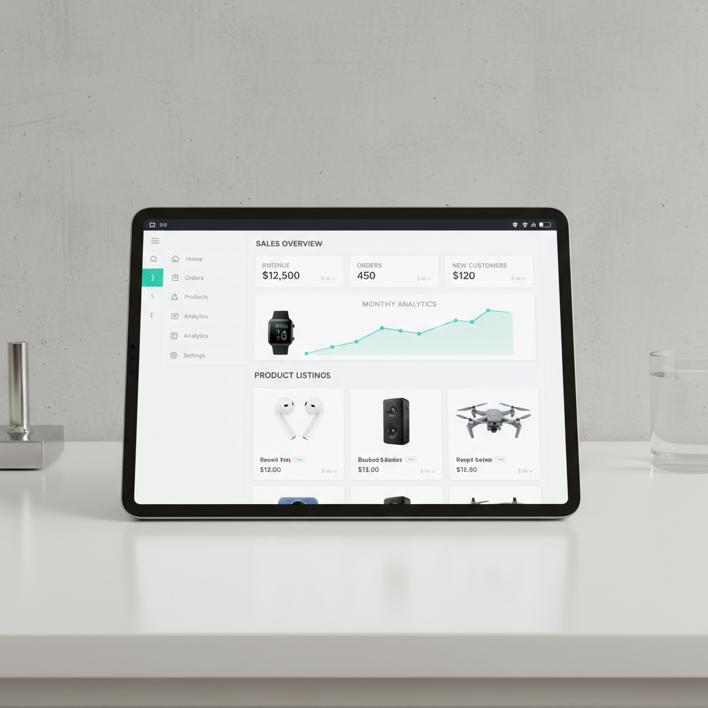 Electronics e-commerce store showing smartphones and tablets product listings with sales dashboard