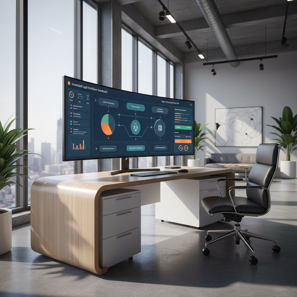 Legal office with automated client intake system on computer showing workflow automation dashboard
